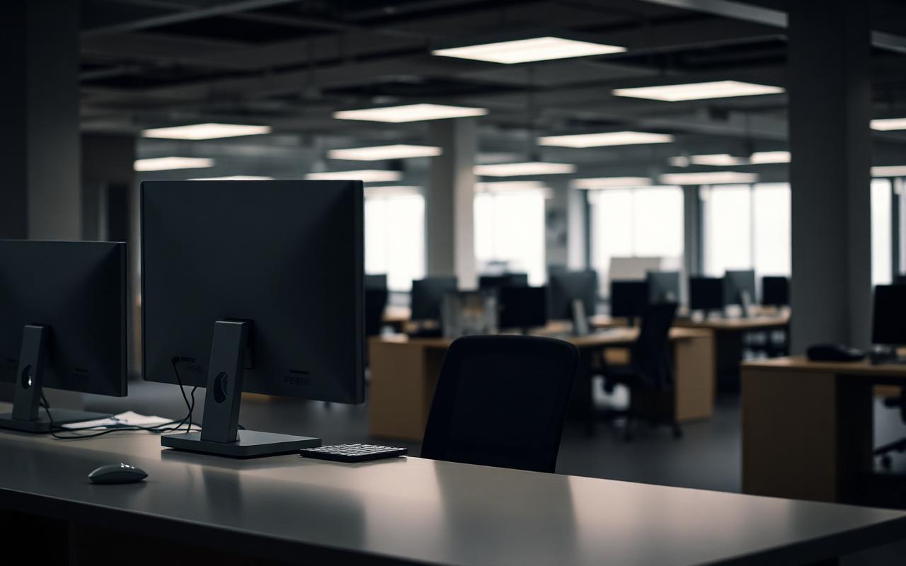 Empty customer service desk after hours with a glowing monitor