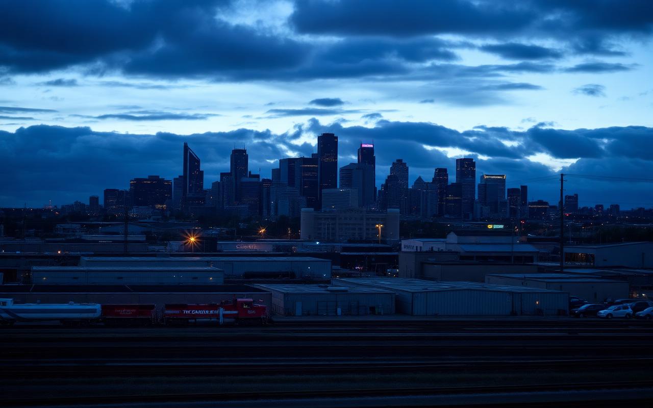 Calgary skyline at dusk seen across an industrial rail yard