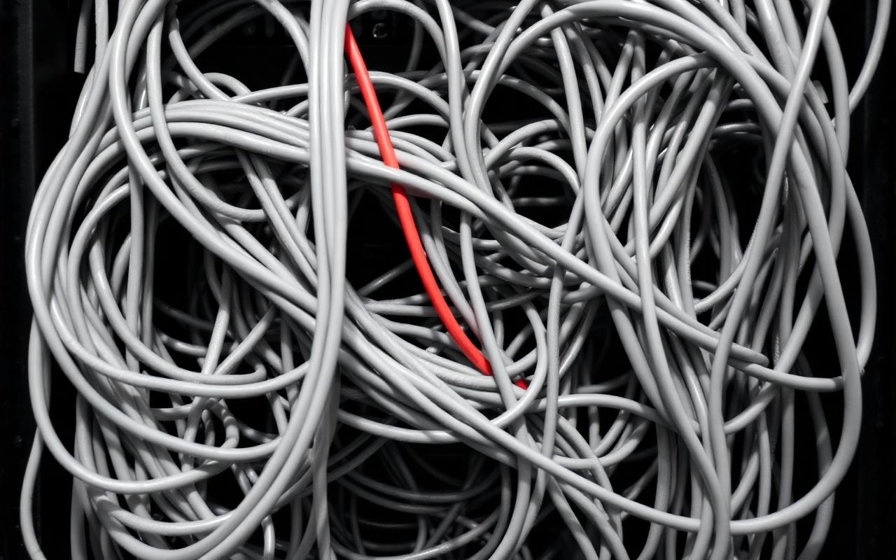 Tangle of grey cables behind a server rack with one red cable running through