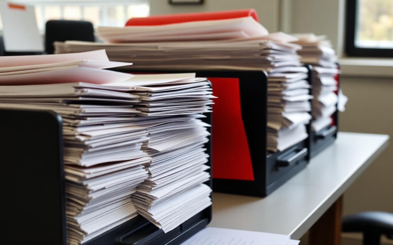 Overflowing paper filing trays on an office desk with one red folder