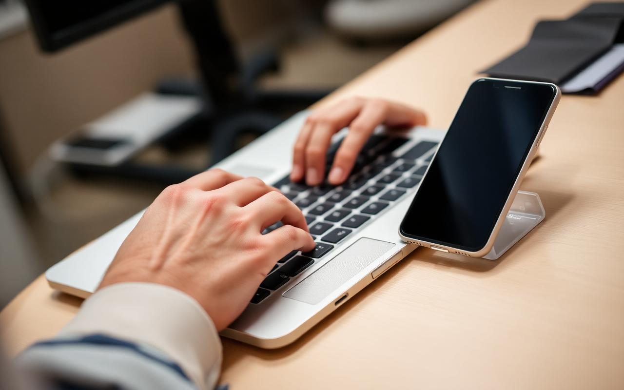 Hands typing at a laptop with a second phone propped beside the keyboard