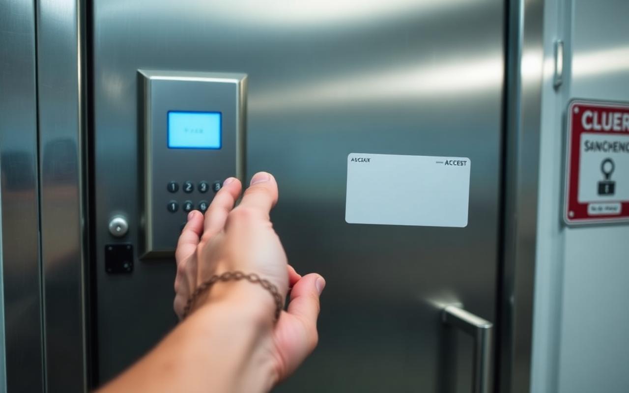 Hand reaching toward an access control panel on an industrial door