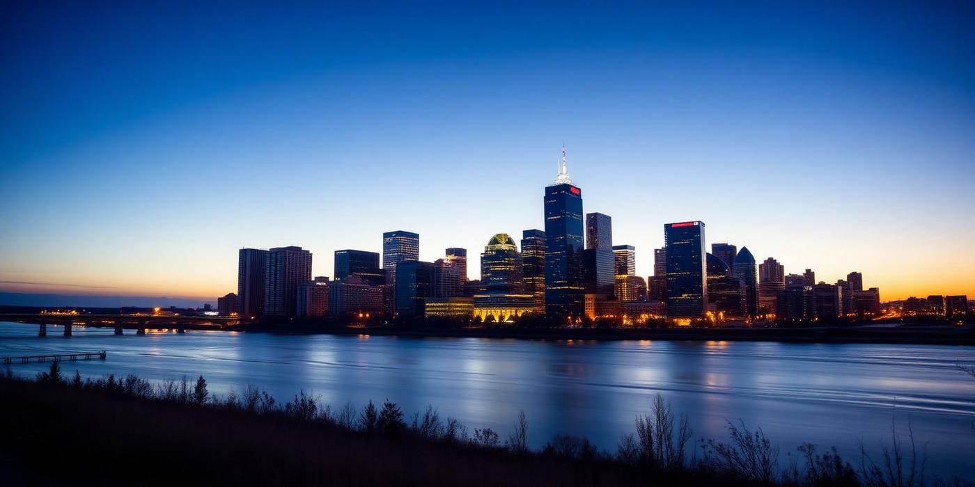 Calgary skyline at dusk seen across the Bow River, office towers lit against a prairie horizon