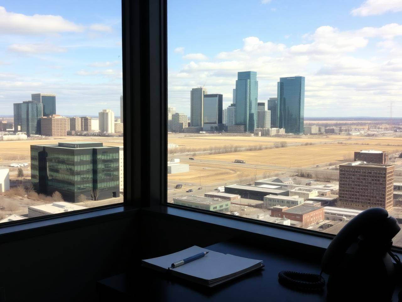 A notebook and desk phone by a Calgary office window looking out at downtown towers and open prairie