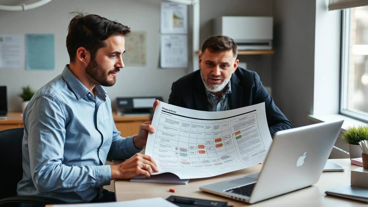 Two people reviewing a stack of forms and a laptop across a desk in a working office