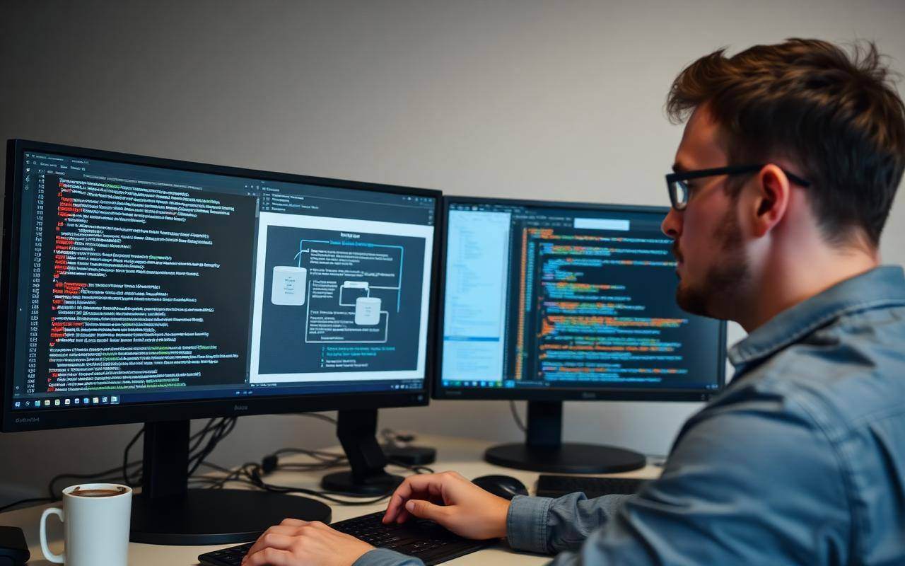 An engineer at a two-monitor workstation with a hand-sketched architecture diagram taped beside the screen