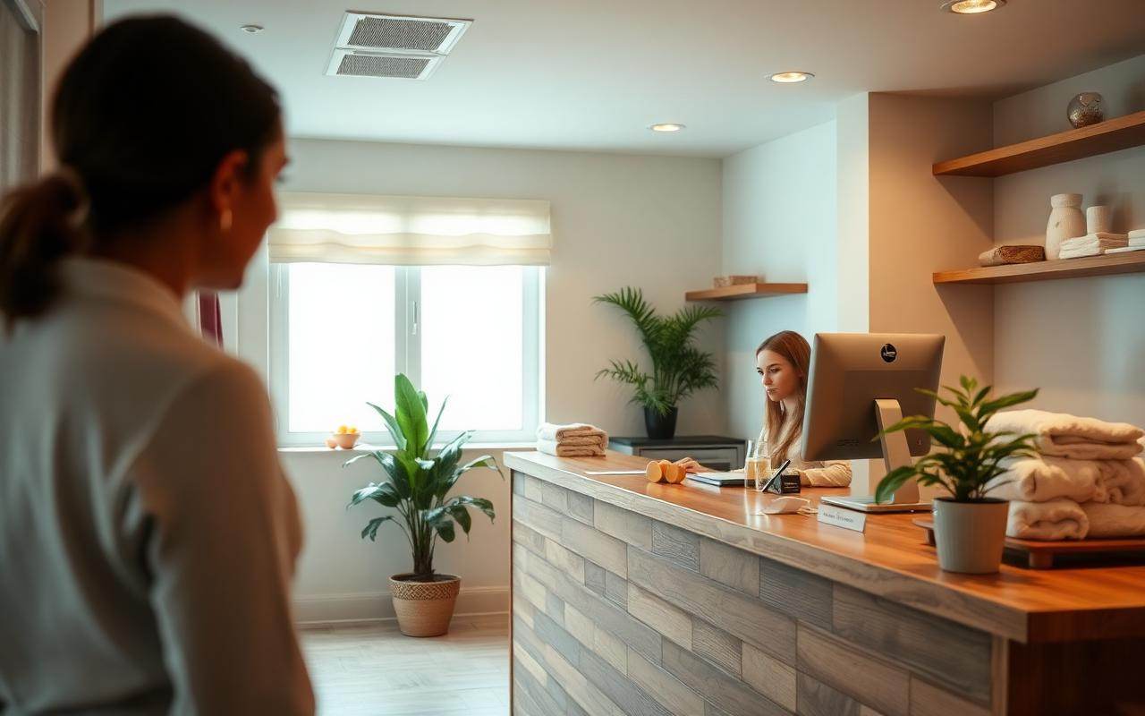 A receptionist at a spa front desk checking a booking screen while a guest waits nearby