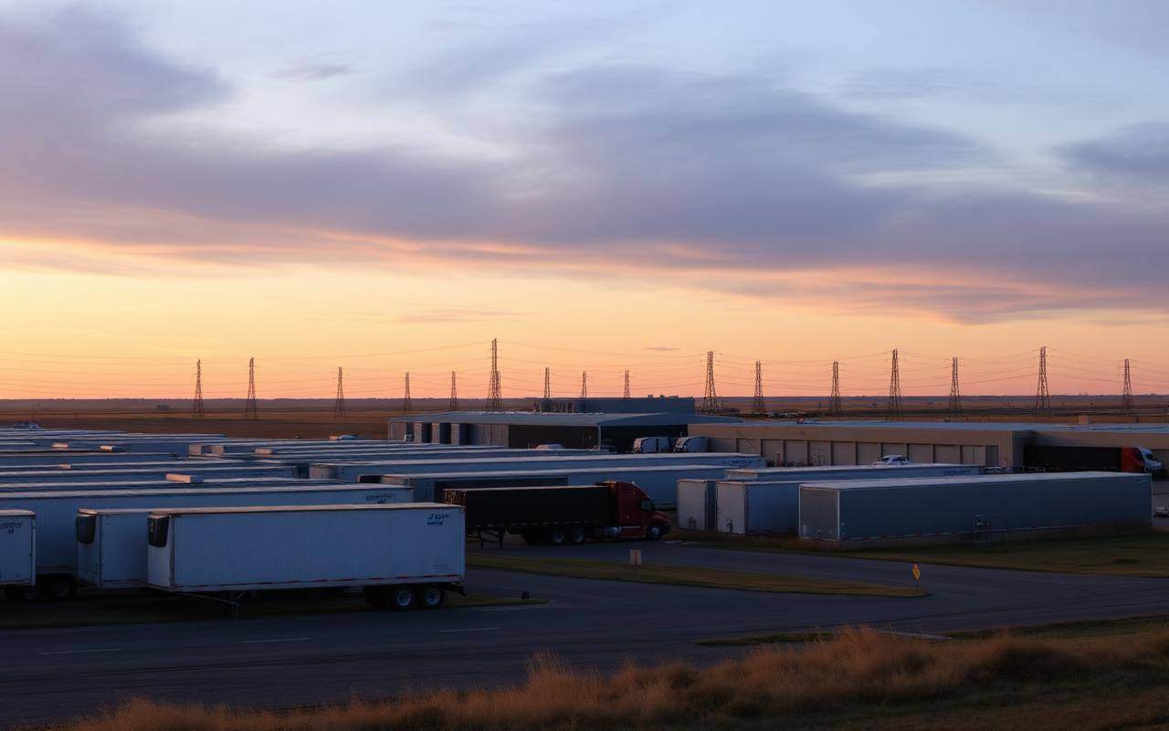 Alberta industrial park at dawn with transport trailers backed into steel-clad warehouses under power lines