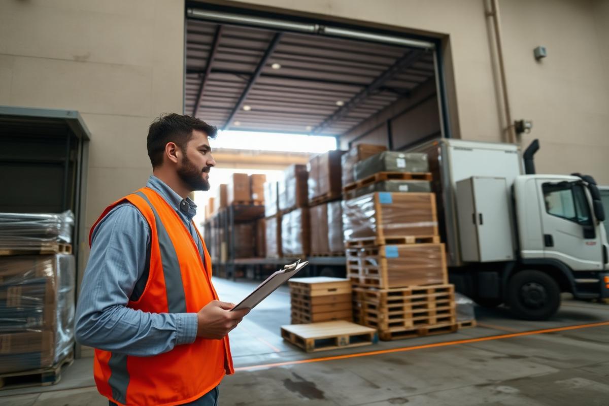 A worker checking cartons at a loading dock while a trailer is loaded