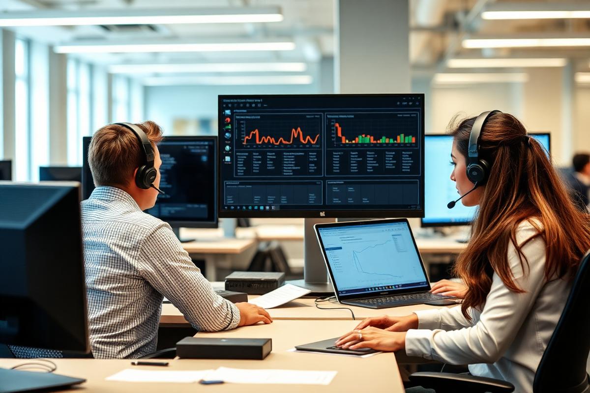 A sales team working the floor with a performance board in view