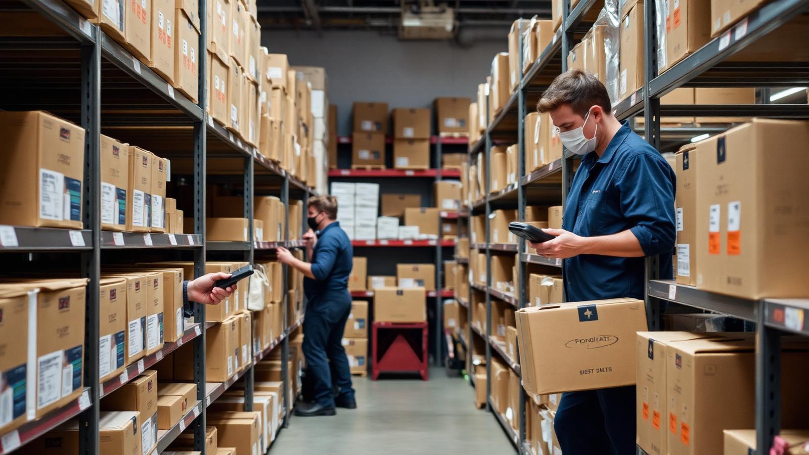 Staff checking stock on shelving in a stockroom with a handheld scanner