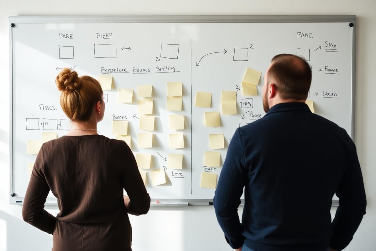 Two colleagues in front of a whiteboard covered in sticky notes and hand-drawn process boxes