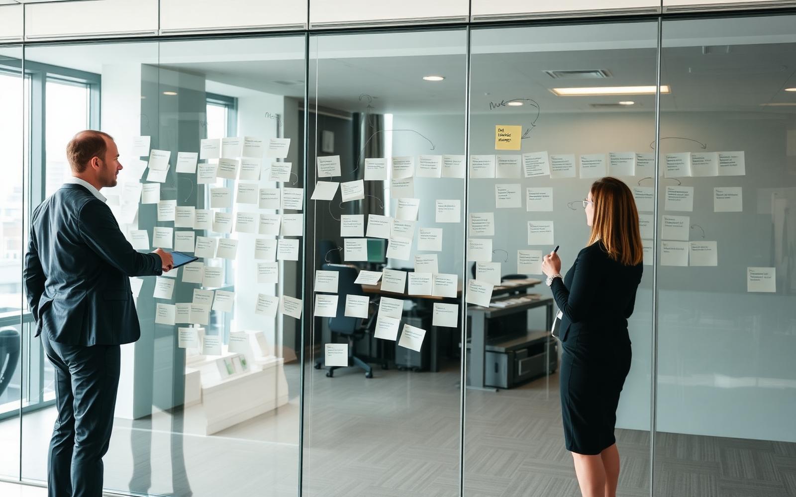 Consultants mapping a company workflow across a glass wall of notes